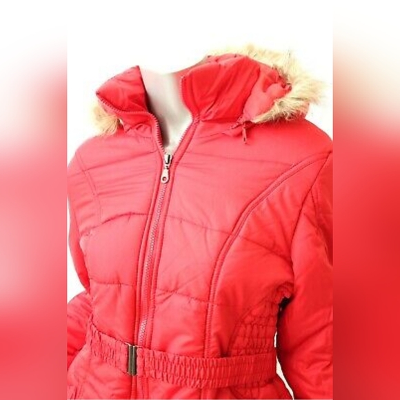 RAMPAGE bright red faux fur trim HOODED jacket L - Picture 7 of 8